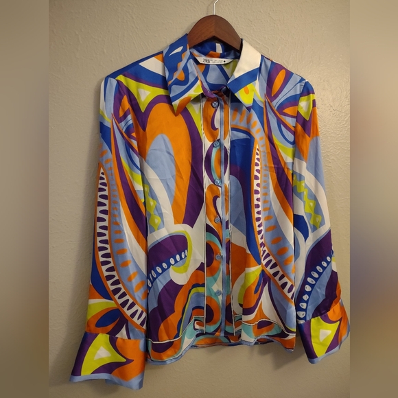 Zara Retro Swirl Print Button Down Shirt Size Large - Picture 2 of 14
